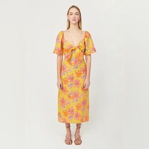 RHODE Yellow Floral Midi Dress with Pink Accents